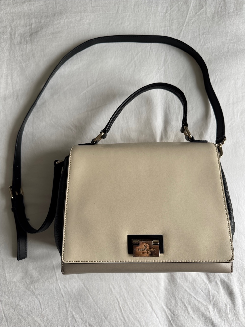 Kate Spade Two-Tone Cream and Black Structured Satchel with Top Handle